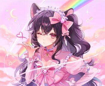 1girl animal_ear_fluff animal_ears bell black_hair blowing_kiss bow breasts cat_ears cleavage clothing_cutout collarbone crescent crossed_bangs dress frilled_dress frilled_hairband frills gem hair_bow hairband heart-shaped_gem long_hair long_sleeves one_eye_closed one_side_up original pink_bow pink_dress pink_eyes pink_gemstone rainbow shooting_star shoulder_cutout sidelocks sparkle star_(symbol) wavy_hair yp1091