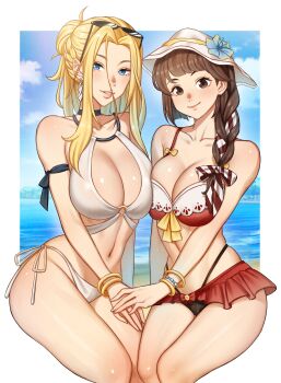 Rule 34 | absurdres, asymmetrical hair, bangle, beach, bead bracelet, beads, bikini, bikini skirt, black bikini, black choker, blonde hair, blue eyes, blue flower, border, borrowed character, bow, bracelet, breast press, breasts, brown hair, choker, closed mouth, commentary, commission, day, earrings, english commentary, eyewear on head, flower, front-tie bikini top, front-tie top, hair ribbon, hat, hat flower, hibiscus, highleg, highleg bikini, highres, holding hands, jewelry, large breasts, lips, long hair, looking at viewer, microskirt, navel, o-ring, o-ring top, ocean, original, outside border, parted bangs, parted lips, red bikini, red skirt, ribbon, rojen, side-tie bikini bottom, sitting, skirt, smile, string bikini, sun hat, sunglasses, swimsuit, thighs, white bikini, white border, white hat, yellow bow