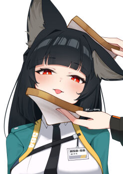 1boy 1girl :p animal_ear_fluff animal_ears aqua_jacket black_hair blush bread food fox_ears hoshimi_miyabi id_card idiot_sandwich_(meme) jacket meme necktie red_eyes shirt signature solo_focus tongue tongue_out white_shirt wise_(zenless_zone_zero) xsan_vanny zenless_zone_zero