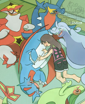 1girl araquanid barefoot belly_rub black-framed_eyewear black_sclera black_shirt black_shorts blush brown_hair character_watermark claws closed_eyes closed_mouth colored_sclera decidueye dragon eyewear_on_head fang fangs feet flygon garchomp gen_3_pokemon gen_4_pokemon gen_5_pokemon gen_6_pokemon gen_7_pokemon goodra green_eyes indoors kneeling lilligant long_hair lying mosseso_sefu nintendo on_side open_mouth pokemon pokemon_(creature) salamence shirt shorts sitting skin_fangs sleeveless sleeveless_shirt smile soles tatsugiri toes turtonator vanilluxe watermark yellow_eyes