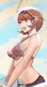 1girl bikini blue_sky breasts brown_eyes brown_hair cloud female_focus j@ck jeans_shorts matching_hair/eyes medium_breasts persona persona_3 pink_bikini short_hair sky solo sunglasses sunglasses_on_head swimsuit takeba_yukari