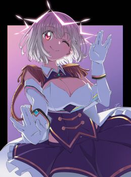 1girl breasts cleavage dress gloves gridman_universe gridman_universe_(movie) highres large_breasts looking_at_viewer one_eye_closed piko_han purple_hair red_eyes shinjou_akane short_hair skirt smile