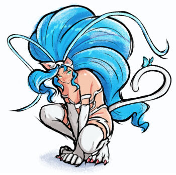 1girl animal_ears animal_hands animal_legs bare_shoulders blue_hair blush body_fur breasts bug butterfly cat cat_girl cat_tail celebelian claws darkstalkers felicia_(darkstalkers) green_eyes hands_on_ground highres insect long_hair smile solo solo_focus squatting tail teeth very_long_hair white_background white_fur