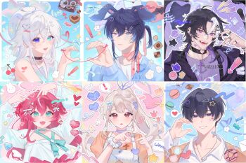 ! 3boys 3girls anchor_print animal_ears antenna_hair apron aqua_bow aqua_bowtie aqua_choker aqua_eyes arms_up artist_name bandaid bandaid_on_cheek bandaid_on_face bare_arms bare_shoulders beret black_choker black_hair black_jacket black_nails blazer blonde_hair blue_bow blue_eyes blue_hair blue_jacket blue_nails blue_ribbon blue_sky blunt_bangs bow bow_choker bowtie box box_of_chocolates braid brown_eyes brown_jacket bubble candy checkerboard_cookie cherry chocolate chocolate_heart choker collarbone collared_shirt commentary cookie crossed_bangs diamond_(gemstone) drawn_crown drawn_horns ear_piercing english_commentary envelope expressionless fang fangs finger_tattoo floppy_ears flower food fruit grin hair_between_eyes hair_bow hair_ornament hair_over_shoulder hair_ribbon happy hat heart heart-shaped_food heart_antenna_hair heart_choker heart_hair_ornament heart_hands heart_hands_duo heart_in_eye heart_necklace heart_o-ring heart_of_string heart_tattoo heterochromia high_ponytail highres jacket jewelry layered_sleeves letter light_frown lightning_bolt_symbol lips long_hair long_sleeves loose_hair_strand love_letter low_ponytail macaron microphone multicolored_hair multicolored_nails multiple_boys multiple_girls multiple_piercings multiple_rings nail_polish necklace notice_lines o-ring o-ring_choker open_clothes open_jacket open_mouth orange_shirt original outline palms parted_bangs pendant piercing pink_bow pink_bowtie pink_choker pink_hair pink_lips pink_nails pink_ribbon ponytail puffy_short_sleeves puffy_sleeves purple_choker purple_eyes purple_shirt rabbit rabbit_ears ribbon ring sailor_collar sailor_shirt shirt short_sleeves shoulder_tattoo side_braid sidelocks single_braid single_hair_intake sky sleeveless sleeveless_shirt smile sparkle spoken_exclamation_mark spoken_heart square_neckline star_(symbol) streaked_hair string string_around_finger string_of_fate symbol_in_eye tattoo teeth tokkiria tress_ribbon upper_body upper_teeth_only valentine white_apron white_flower white_hair white_hat white_outline white_sailor_collar white_shirt