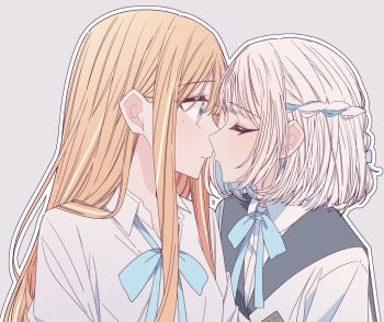 2girls black_sailor_collar blue_bow blue_bowtie blue_eyes blue_ribbon bow bowtie braid closed_eyes closed_mouth collared_shirt commentary_request gakuen_idolmaster hair_ribbon half_up_braid idolmaster imminent_kiss katsuragi_lilja kousaka_0v0 long_hair looking_at_another medium_hair mole mole_under_eye multiple_girls orange_hair outline purple_background ribbon ribbon_braid sailor_collar school_uniform shirt shiun_sumika simple_background upper_body white_hair white_outline white_shirt yuri