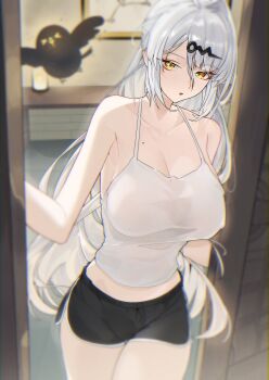 1girl absurdres alternate_costume bird black_bird breasts camisole collarbone commentary dolphin_shorts doorway duplicate hair_ornament hairclip highres large_breasts leo795 long_hair looking_at_viewer mole mole_on_chest parted_lips pov_doorway shorts solo thigh_gap white_camisole white_hair yellow_eyes yixuan_(zenless_zone_zero) zenless_zone_zero