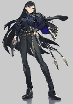 Rule 34 | 1girl, absurdres, black hair, black jacket, black necktie, black pants, black shoes, blue eyes, blue nails, blue shirt, collared shirt, dress shoes, dual wielding, earrings, full body, gun, highres, holding, holding gun, holding weapon, jacket, jacket on shoulders, jewelry, long hair, nail polish, necktie, original, pants, shirt, shoes, solo, taisowbukurow, weapon