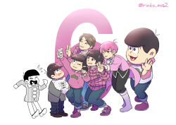 Rule 34 | 6+boys, aged down, animal, antenna hair, baggy pants, black hair, blazer, blush, bowl cut, brown eyes, buttons, cellphone, character doll, child, closed eyes, collared shirt, dog, f6, flying sweatdrops, holding, holding animal, holding dog, holding phone, jacket, looking at another, looking at phone, male focus, mascot costume, matsu symbol, matsuno todomatsu, multiple boys, multiple persona, one eye closed, osomatsu-kun, osomatsu-san, osomatsu-san on stage - six men&#039;s show time, osomatsu-san the movie, pants, phone, pointing, pointing at self, rinko ma2, selfie, shirt, smartphone, taking picture, v, voice actor, waving