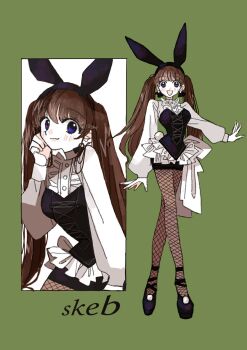 1girl :d animal_ear_hairband animal_ears black_hairband black_shoes blue_eyes brown_hair closed_mouth commission fake_animal_ears fishnet_pantyhose fishnets green_background hairband highres looking_at_viewer multiple_views open_mouth original pantyhose puffy_sleeves rabbit_ear_hairband rabbit_ears shoes simple_background skeb_commission smile standing twintails yasu_urayaka