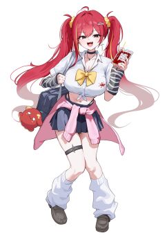 Rule 34 | 1girl, absurdres, ahoge, akane lize, arm warmers, bag, black arm warmers, black choker, blonde hair, blue bag, blue skirt, bow, bowtie, breasts, cardigan, cardigan around waist, choker, cleavage, clothes around waist, collarbone, collared shirt, drink pouch, earrings, full body, grey eyes, grey shoes, handbag, hashtag-only commentary, highres, jewelry, large breasts, long hair, loose socks, midriff, mole, mole under eye, multicolored hair, navel, necklace, open mouth, pienna (akane lize), pink cardigan, pleated skirt, red hair, school bag, shirt, shoes, simple background, skirt, socks, stellive, streaked hair, striped arm warmers, tay (cdjk7758), teeth, thigh strap, tied shirt, twintails, upper teeth only, virtual youtuber, white background, white shirt, white socks, yellow bow, yellow bowtie