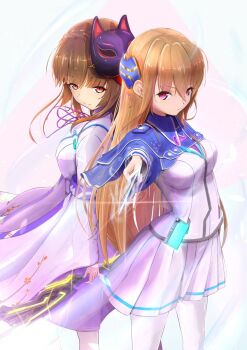 2girls back-to-back blonde_hair blue_capelet blunt_bangs braid breasts brown_hair capelet closed_mouth company_connection cosplay crossover dagger dress eyelashes eyes_visible_through_hair floating_hair floral_print fox_mask glint hair_between_eyes hair_ornament heaven_burns_red highres holding holding_knife holding_sword holding_weapon jacket japanese_clothes kimono kiryuu_miya knife kunai long_hair long_sleeves look-alike looking_at_viewer mask mask_on_head medium_breasts miniskirt multiple_girls neck_ribbon pantyhose pleated_skirt psy_(artist) purple_ribbon red_eyes ribbon school_uniform shirakawa_yuina shirt sidelocks skirt smile standing straight_hair sword trait_connection very_long_hair weapon white_kimono white_shirt white_skirt wide_sleeves