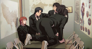 Rule 34 | 2boys, 2girls, all fours, ass, black eyes, black hair, black necktie, black pants, braid, brown hair, chainsaw man, chair, closed eyes, closed mouth, dd36051, derivative work, facial hair, formal clothes, highres, korean commentary, kurose yuutarou, makima (chainsaw man), map (object), multiple boys, multiple girls, necktie, open mouth, pants, parody, ponytail, red hair, scar, scar on face, screenshot redraw, sitting, standing, subaru (chainsaw man), suit, sweatdrop, table, tendou michiko, tomato devil (chainsaw man)