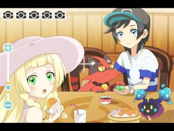 1boy 1girl :o baseball_cap black_hair blonde_hair blue_eyes blunt_bangs blush chair cosmog cup drinking_straw elio_(pokemon) from_behind gen_7_pokemon green_eyes hat indoors legendary_pokemon lillie_(pokemon) long_hair looking_at_viewer looking_back malasada nintendo open_mouth poke_finder pokemon pokemon_(creature) pokemon_sm restaurant ric_(aceradio) shirt sitting striped_clothes striped_shirt sun_hat sweatdrop table taking_picture torracat