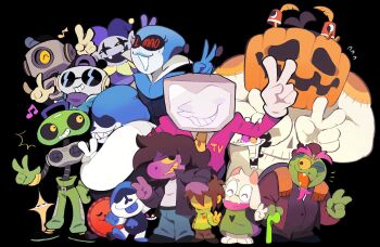 1other 2girls 6+boys ache13337003 ant_tenna arm_on_another&#039;s_head beard belt black_belt black_hair black_shoes blue_lips blue_pants brown_hair brown_pants c._round cap&#039;n_(deltarune) colored_sclera colored_skin colored_teeth crt deltarune double_v facial_hair flying_sweatdrops freckles friend_(deltarune) furry furry_female furry_male gerson_boom glasses gloves goat_boy goat_horns green_pants green_skin green_sweater highres horns jackenstein_(deltarune) jacket jevil k_k_(deltarune) king_(deltarune) kris_(deltarune) lancer_(deltarune) medium_hair mole mole_under_eye multiple_boys multiple_girls musical_note necktie notice_lines object_head pants pink_scarf pumpkin_head queen_(deltarune) radio_antenna red_jacket round_eyewear scarf sharp_teeth shirt shoes short_hair smile spamton_g._spamton sunglasses susie_(deltarune) sweater sweet_(deltarune) teeth turtle_boy utdr_(toby_fox) v white_gloves white_shirt yellow_eyes yellow_necktie yellow_sclera yellow_teeth