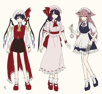 Rule 34 | 1boy, 2girls, animal ears, apron, arms at sides, ascot, bat wings, between fingers, black dress, black hair, black shoes, blouse, blunt bangs, blunt ends, bow, brown shorts, clenched hands, closed mouth, coat, coattails, collar, collared shirt, cosplay, crystal wings, dress, empty eyes, eyelashes, flandre scarlet, flandre scarlet (cosplay), footwear bow, fox ears, frilled apron, frilled collar, frilled dress, frilled headwear, frilled skirt, frilled sleeves, frilled wrist cuffs, frills, genshin impact, hair bow, haru8 gnsn, hat, hat ribbon, highres, holding, holding knife, holding ladle, izayoi sakuya, izayoi sakuya (cosplay), knife, knives between fingers, ladle, long hair, long skirt, long sleeves, maid, maid apron, maid headdress, mob cap, mother and son, multicolored hair, multiple girls, open hands, parted lips, pink hair, pink shirt, pink skirt, pink sleeves, puffy sleeves, purple bow, purple eyes, purple hair, raiden shogun, red bow, red coat, red collar, red ribbon, red shoes, red trim, red wrist cuffs, remilia scarlet, remilia scarlet (cosplay), ribbon, ribbon-trimmed skirt, ribbon trim, scaramouche (genshin impact), shirt, shoes, shorts, skirt, sleeveless, sleeveless jacket, smile, smirk, socks, streaked hair, swept bangs, throwing knife, touhou, undershirt, weapon, white apron, white background, white collar, white hat, white mouth, white shirt, white sleeves, white socks, white wrist cuffs, wings, wispy bangs, wrist cuffs, yae miko, yellow ascot