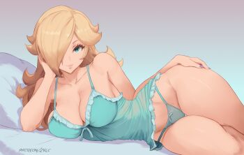 1girl aqua_nightgown aqua_panties blonde_hair bow bow_panties breasts cleavage closed_mouth collarbone commentary english_commentary gradient_hair grey_background hair_over_one_eye highres large_breasts lips long_hair looking_at_viewer lying mario_(series) multicolored_hair nightgown nintendo on_side panties patreon_username pillow rosalina smile super_mario_galaxy thick_thighs thighs underwear zelc-face