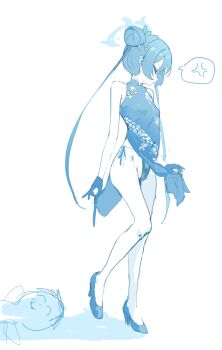 1boy 1girl absurdres anger_vein bare_shoulders blue_archive blue_theme braid braided_bun china_dress chinese_clothes closed_eyes dan_nako doodle_sensei_(blue_archive) double_bun dragon_print dress full_body hair_bun halo high_heels highres kisaki_(blue_archive) lying monochrome print_dress sensei_(blue_archive) shadow side_slit sleeveless sleeveless_dress spoken_anger_vein standing unfinished