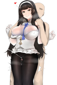 1boy 1girl absurdres arm_sleeves black_hair black_pantyhose breasts censored clothed_female_nude_male cum dress ejaculation erection faceless faceless_male frilled_dress frills from_behind girls&#039;_frontline headdress heart hetero highres hug kaicchi leggings long_hair nude pantyhose penis rubbing thick_thighs thigh_sex thighs type_95_(girls&#039;_frontline) white_background yellow_eyes