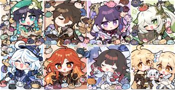 3boys 6+girls absurdres aether_(genshin_impact) ahoge alhaitham_(genshin_impact) amber_(genshin_impact) animal animalization antenna_hair arataki_itto arlecchino_(genshin_impact) ayaka_(genshin_impact) bird blonde_hair blue_hair blunt_bangs book bottle brown_gloves brown_hair candace_(genshin_impact) chibi chibi_only chinese_clothes chinese_commentary citlali_(genshin_impact) clorinde_(genshin_impact) closed_eyes closed_mouth collei_(genshin_impact) columbina_(genshin_impact) crop_top cyno_(genshin_impact) dehya_(genshin_impact) diluc_(genshin_impact) dori_(genshin_impact) dress eula_(genshin_impact) flins_(genshin_impact) flower flower_ornament freminet_(genshin_impact) from_side furina_(genshin_impact) ganyu_(genshin_impact) genshin_impact gloves gorou_(genshin_impact) gradient_hair green_eyes green_hair green_hat hair_between_eyes hair_ribbon happy happy_anniversary hat highres holding holding_book holding_spoon hu_tao_(genshin_impact) huge_ahoge ifa_(genshin_impact) japanese_clothes jean_(genshin_impact) kaedehara_kazuha kaeya_(genshin_impact) kamisato_ayato kaveh_(genshin_impact) keqing_(genshin_impact) kirara_(genshin_impact) klee_(genshin_impact) kujou_sara kuki_shinobu kyou_039 lauma_(genshin_impact) layla_(genshin_impact) light_smile lisa_(genshin_impact) long_hair looking_at_viewer looking_down lumine_(genshin_impact) lynette_(genshin_impact) lyney_(genshin_impact) mavuika_(genshin_impact) mika_(genshin_impact) mole mole_under_eye multicolored_hair multiple_boys multiple_girls nahida_(genshin_impact) navia_(genshin_impact) nefer_(genshin_impact) neuvillette_(genshin_impact) nilou_(genshin_impact) one_eye_closed open_book open_mouth orange_eyes ororon_(genshin_impact) paimon_(genshin_impact) person_and_animalization purple_eyes purple_hair qiqi_(genshin_impact) raiden_shogun red_eyes red_hair ribbon sangonomiya_kokomi sayu_(genshin_impact) scaramouche_(genshin_impact) seiza sethos_(genshin_impact) shikanoin_heizou short_hair sigewinne_(genshin_impact) sitting skirk_(genshin_impact) spoon standing streaked_hair table tartaglia_(genshin_impact) thoma_(genshin_impact) tighnari_(genshin_impact) too_many too_many_birds upper_body venti_(genshin_impact) wanderer_(genshin_impact) white_dress white_flower wriothesley_(genshin_impact) yae_miko yoimiya_(genshin_impact) yumemizuki_mizuki zhongli_(genshin_impact)