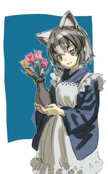 1girl alternate_costume animal_ears apron arairestaurant black_hair blue_kimono blush common_raccoon_(kemono_friends) cowboy_shot extra_ears flower frilled_apron frills grey_eyes grey_hair hair_between_eyes highres japanese_clothes kemono_friends kimono long_sleeves looking_at_viewer multicolored_hair raccoon_ears raccoon_girl short_hair sidelocks smile solo two-tone_hair vase white_apron
