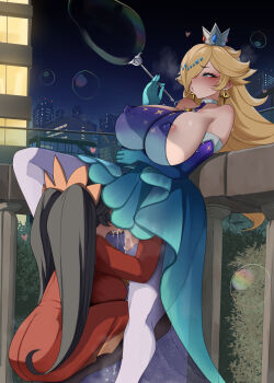 2girls age_difference alternate_breast_size_(larger) areola_slip aroused ashley_(warioware) ass black_hair blonde_hair blowing_bubbles blue_eyes blush breasts bubble building city commission crown cunnilingus dress earrings elbow_gloves gloves hair_over_one_eye hairband heart highres huge_breasts jewelry leg_up loli long_hair mario_(series) mario_kart mario_kart_tour monobe_yuri multiple_girls night nintendo nipples official_alternate_costume onee-loli oral orange_hairband pussy_juice red_dress rosalina rosalina_(aurora) saliva saliva_trail sideboob skeb_commission skyscraper squatting thighhighs tiara twintails warioware yuri