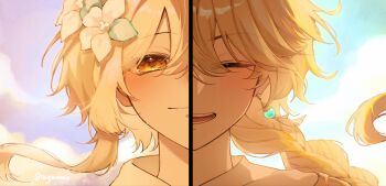 1boy 1girl aether_(genshin_impact) blonde_hair braid closed_eyes closed_mouth earrings flower genshin_impact hair_flower hair_ornament highres jewelry kykuma4 lumine_(genshin_impact) open_mouth smile tears yellow_eyes
