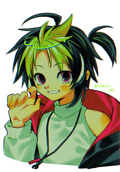 Rule 34 | 1boy, absurdres, ahoge, black hair, blush, clothing cutout, green hair, grin, highres, inami rai, inami rai (2nd costume), jewelry, long sleeves, looking at viewer, menma (enaic31), multicolored hair, necklace, nijisanji, open mouth, pink eyes, short hair, shoulder cutout, simple background, smile, solo, sweater, teeth, translation request, two-tone hair, upper body, virtual youtuber, white background, white hair, white sweater