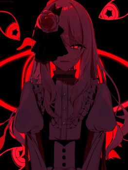 1other akiyama_mizuki alternate_hairstyle commentary crying crying_with_eyes_open flower frilled_shirt frills hair_down hair_flower hair_ornament highres juliet_sleeves keikyoku_no_machi_wa_doko_e_(project_sekai) long_hair long_sleeves official_alternate_costume one_eye_covered other_focus parted_lips peanut_mouth pink_hair project_sekai puffy_sleeves red_background shirt tears tsukemononingen upper_body