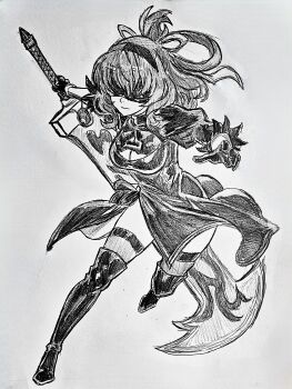 Rule 34 | 1girl, 2b (nier:automata), absurdres, ao no kiseki, black dress, black gloves, blindfold, bob cut, boots, breasts, clothing cutout, commentary, cosplay, covered eyes, dress, eiyuu densetsu, english commentary, full body, gloves, graphite (medium), greyscale, hair rings, hairband, highres, holding, holding sword, holding weapon, huge weapon, juliet sleeves, large breasts, long sleeves, monochrome, nier:automata, nier (series), puffy sleeves, rixia mao, simple background, solo, sword, tachi-e, takuu (seadog6662), thigh strap, traditional media, weapon, white background, zero no kiseki