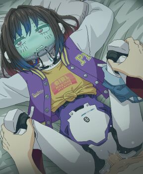 1boy 1girl brown_hair censored clothed_sex commission crop_top cyborg hetero jacket joints letterman_jacket makina_(milky_highway) medium_hair midriff milky_highway missionary mosaic_censoring penis pixiv_commission pussy robophilia robot robot_girl robot_joints sex spread_legs tomu_(tomubobu)