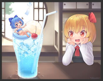 2girls :d @_@ alternate_body_size bikini black_vest blonde_hair blue_bikini blue_bow blue_eyes blue_hair blue_hawaii blush bow cherry cirno commentary_request condensation day fang food fruit hair_bow hands_on_own_cheeks hands_on_own_face harunoha highres ice ice_cream ice_cube indoors long_sleeves multiple_girls open_mouth orange_eyes round_window rumia shirt short_hair skin_fang smile squiggle swimsuit table touhou upper_body vest white_shirt wind_chime window