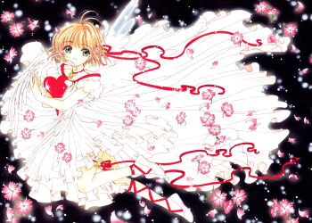 1990s_(style) 1girl absurdres antenna_hair black_background cardcaptor_sakura child choker clamp dress female_focus flower frills full_body green_eyes heart highres kinomoto_sakura official_art petals retro_artstyle ribbon simple_background solo white_dress