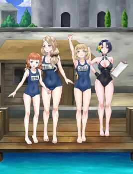 4girls absurdres alternate_costume annette_fantine_dominic arm_up black_hair black_one-piece_swimsuit blonde_hair blue_eyes blue_hair blue_one-piece_swimsuit breasts cleavage closed_mouth fire_emblem fire_emblem:_three_houses fire_emblem_heroes flower gluteal_fold green_eyes hair_flower hair_ornament hair_rings hand_on_another's_shoulder highres holding_binder ingrid_brandl_galatea large_breasts long_hair low-tied_long_hair matching_outfits medium_breasts mercedes_von_martritz multiple_girls name_tag nintendo official_alternate_costume old_school_swimsuit one-piece_swimsuit open_mouth orange_hair outdoors pool poolside purple_eyes redkite333 school_swimsuit shamir_nevrand shamir_nevrand_(summer) small_breasts smile stretching swimsuit