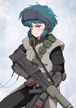 1girl absurdres ammunition_pouch blue_hair bulletproof_vest bullpup cyborg ghost_in_the_shell gun haldeco head-mounted_display highres holding holding_gun holding_weapon kusanagi_motoko looking_at_viewer medium_hair pouch purple_eyes weapon
