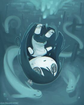 1girl @_@ absurdres artist_name asphyxiation black_hair bubble drowning eel fish food food-themed_hair_ornament food_on_head gym_uniform hair_ornament highres kurohanenone long_hair mushroom mushroom_hair_ornament mushroom_on_head object_on_head open_mouth school_uniform shimeji_simulation shirt shoes shorts sneakers solo tsukishima_shijima underwater upside-down white_shirt