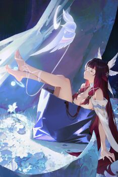 1girl absurdres alternate_costume bag bare_shoulders barefoot closed_eyes columbina_(genshin_impact) commentary_request eye_mask from_side genshin_impact hair_ornament highres in_bag in_container le_(huanglongen) legs_up long_hair mask purple_hair solo wing_hair_ornament