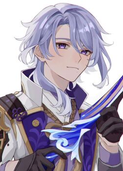 1boy :3 armor black_gloves blue_hair closed_mouth collared_jacket commentary_request genshin_impact gloves gold_trim hair_between_eyes hair_over_shoulder half_gloves hands_up haran_geppaku_futsu_(genshin_impact) hatoba_hhh high_collar highres jacket japanese_armor japanese_clothes kamisato_ayato kimono lapels looking_at_viewer male_focus medium_hair open_clothes open_jacket parted_bangs purple_eyes purple_kimono rope shoulder_armor sidelocks simple_background smile sode solo swept_bangs sword tassel upper_body weapon white_background white_jacket