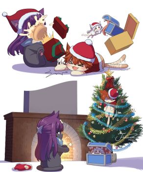 &gt;_&lt; :d :o absurdres animal animalization butterfly_hair_ornament cake cat chimney christmas_tree clothed_animal commentary_request fang fern_(sousou_no_frieren) food frieren grey_hair hair_ornament hat highres j_humbo laughing long_hair mimic mimic_chest no_humans open_mouth purple_hair red_hat santa_hat sharp_teeth smile sousou_no_frieren stark_(sousou_no_frieren) teeth