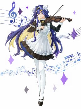 1girl apron beamed_sixteenth_notes black_dress black_shoes blonde_hair blue_hair bow_(music) closed_eyes colored_inner_hair dress eighth_rest flat_sign frilled_apron frills full_body hair_ornament hands_up highres holding holding_bow_(music) holding_instrument holding_violin instrument juliet_sleeves long_hair long_sleeves mary_janes multicolored_hair music musical_note musical_staff neo_(1057381834) pantyhose playing_instrument puffy_sleeves quarter_note reverse:1999 sharp_sign shoes short_dress sixteenth_note smile solo sparkle standing star_(symbol) star_hair_ornament treble_clef turning_head very_long_hair violin voyager_(reverse:1999) white_apron white_pantyhose