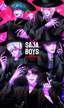 5boys abby_(kpop_demon_hunters) absurdres aqua_hair baby_(kpop_demon_hunters) black_hair black_hat body_markings demon djqdjrkeh fingernails gat_(hat) glint group_name hair_over_one_eye hanbok hat highres jewelry jinu_(kpop_demon_hunters) korean_clothes kpop_demon_hunters long_fingernails male_focus medium_hair multiple_boys mystery_(kpop_demon_hunters) pink_background pink_hair ring romance_(kpop_demon_hunters) song_name white_hair yellow_eyes