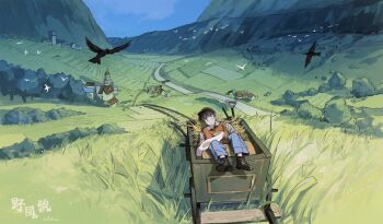 1boy bird black_bird black_footwear black_hair blue_pants bush day dog dog_on_lap field full_body grass hair_between_eyes highres house illumi999 male_focus mountain original outdoors pants path plaid_clothes plaid_shirt road shadow shirt short_hair sitting sleeping solo white_bird