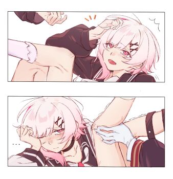 ... 2girls black_shirt closed_mouth commentary_request fang gloves hand_on_another&#039;s_leg heihuamu1 kneehighs mahou_shoujo_no_majo_saiban multiple_girls nikaido_hiro one_eye_closed open_mouth pink_eyes pink_hair pink_socks sakuraba_ema school_uniform serafuku shirt short_hair skin_fang smile socks trembling white_gloves yuri