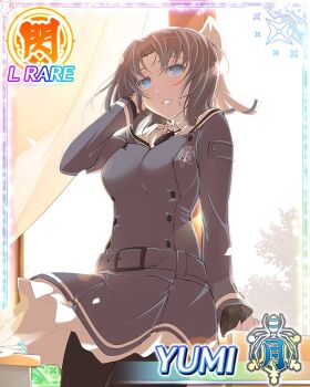 1girl adjusting_hair against_window arm_at_side arm_up black_pantyhose blue_eyes blush border bow breasts card_(medium) character_name classroom game_cg gessen_academy_school_uniform grey_hair grey_jacket grey_skirt hair_bow jacket large_breasts long_sleeves looking_at_viewer medium_hair official_art pantyhose parted_lips sailor_collar school_uniform senran_kagura senran_kagura_new_wave senran_kagura_reflexions skirt smile solo striped_bow sunset third-party_source white_bow white_sailor_collar yumi_(senran_kagura)