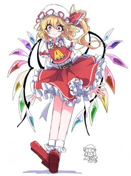 1girl ascot bat_wings blonde_hair blush bow crystal crystal_wings dr_yamero flandre_scarlet hat hat_ribbon highres looking_at_viewer mob_cap multicolored_wings one_side_up puffy_short_sleeves puffy_sleeves red_eyes red_skirt red_vest remilia_scarlet ribbon shirt short_hair short_sleeves side_ponytail skirt skirt_set smile solo touhou vest white_hat wings yellow_ascot