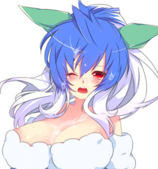 1girl blue_hair blush breasts cum cum_on_body cum_on_breasts cum_on_hair cum_on_upper_body facial female_focus gen_2_pokemon highres jumpluff large_breasts long_hair multicolored_hair nakamura_sandayo nintendo nipples one_eye_closed open_mouth personification pokemon red_eyes simple_background solo tongue upper_body white_background white_hair wink