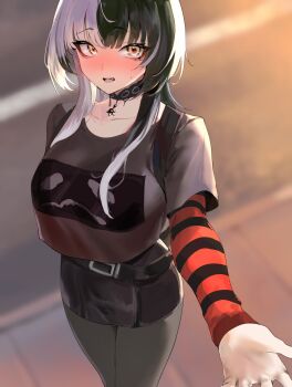 1girl absurdres black_choker black_dress black_hair black_shirt black_skirt blurry blurry_background blush breasts character_print choker commentary dress english_commentary grey_hair grey_pantyhose highres hololive hololive_english large_breasts layered_sleeves long_hair long_sleeves miniskirt multicolored_hair nose_blush orange_sleeves outdoors pantyhose road shiori_novella shirt short_over_long_sleeves short_sleeves sidewalk skirt solo split-color_hair striped_sleeves sweat two-tone_hair virtual_youtuber yellow_eyes yorick_(shiori_novella) yotamono