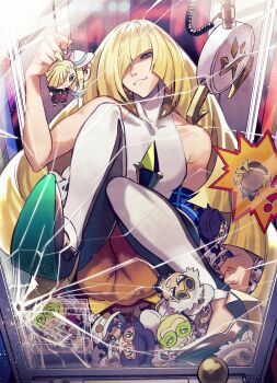 1girl absurdres aether_foundation_employee against_glass andrich_galam arcade artist_self-insert bare_shoulders blonde_hair burger character_doll commentary convenient_censoring crack cracked_glass crane_game doll english_commentary faba_(pokemon) food gem gladion_(pokemon) green_eyes green_gem guzma_(pokemon) high_heels highres holding holding_doll holding_stuffed_toy in_crane_game leggings lillie_(pokemon) long_hair lusamine_(pokemon) mature_female mohn_(pokemon) multicolored_leggings nintendo pokemon pokemon_sun_and_moon solo stuffed_animal stuffed_toy swept_bangs team_skull_grunt two-tone_leggings white_leggings wicke_(pokemon)