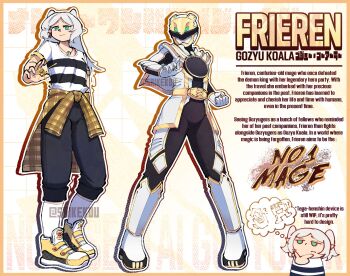 Rule 34 | 1girl, alternate costume, armor, black bodysuit, black pants, bodysuit, capelet, elf, frieren, full body, gloves, green eyes, helmet, highres, jewelry, long hair, multiple views, no.1 sentai gozyuger, pants, pendant, pointy ears, saikekuu, shirt, sousou no frieren, standing, super sentai, tied shirt, tokusatsu, white armor, white bodysuit, white capelet, white gloves, white helmet, white shirt