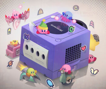 blue_eyes blush_stickers bug butterfly closed_mouth commentary_request copyright_request game_console gamecube green_hat grey_background hat heart highres insect kirby kirby_(series) kirby_air_ride moped motor_vehicle nintendo no_humans open_mouth smile star_(symbol) suyasuyabi sword_kirby twitter_username warp_star watermark