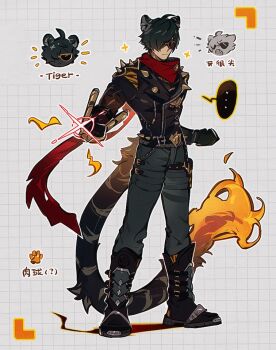 ... 1boy :< ahoge animal_ear_fluff animal_ears belt black_belt black_boots black_gloves black_jacket black_shirt blue_pants boots chibi clenched_hands closed_mouth fire flame-tipped_tail frown gloves green_hair grey_background grid_background hair_over_one_eye jacket lapels leather leather_jacket lighter_(zenless_zone_zero) long_sleeves male_focus marusan159 notice_lines one_eye_covered pants parted_bangs paw_print pouch red_scarf scarf serious shirt short_hair solo sparkle speech_bubble spiked_jacket spikes spoken_ellipsis standing sunglasses tail thigh_pouch thigh_strap tiger_boy tiger_ears tiger_tail torn_clothes torn_scarf translation_request zenless_zone_zero